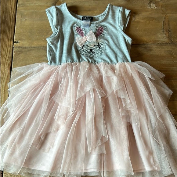 Pink and Gray Tiered Ruffled Dress with Sequin Bunny, Size 6 - Picture 1 of 5